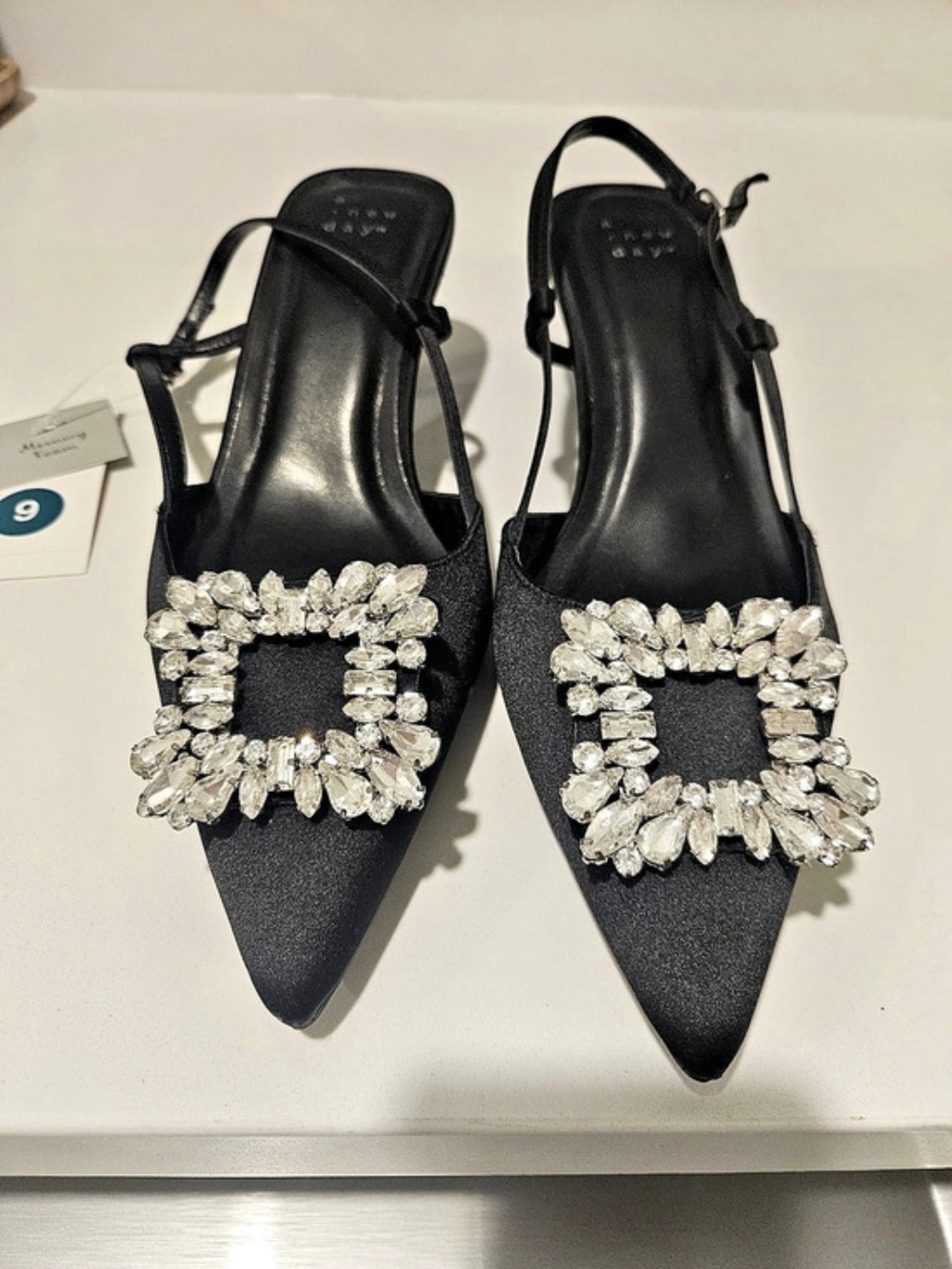 A New Day Rhinestone Buckle Slingback Heels Black US 9